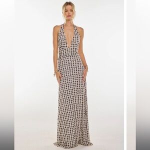 Resa Chelsea Maci Dress in Eclipse. Chic Backless Polka Dot Maxi Dress